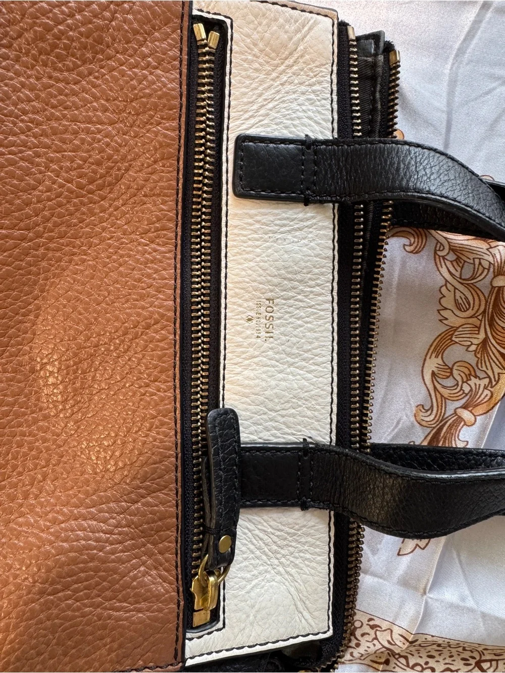 Fossil Tri-Color Pebbled Leather Satchel — Black, Brown & Cream